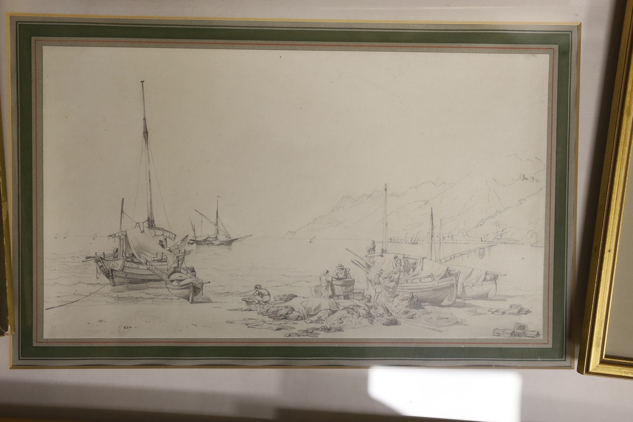 Edward William Cooke R.A. (1811-80), pencil drawing, Fishing boats in a mediterranean harbour, Sabin Galleries label verso, 20 x 35cm and five assorted engravings of shipping after Cooke